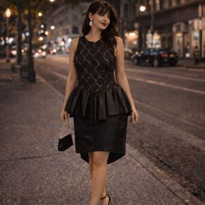 80s Black Bow Sequined Peplum Open Back Taffetta Formal Dress Sz Medium